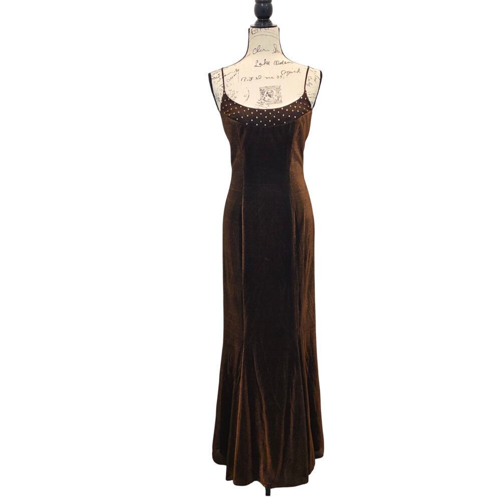 Vintage Mike Benet Gown Womens 6 Brown Bronze Metallic Rhinestone Mermaid Maxi